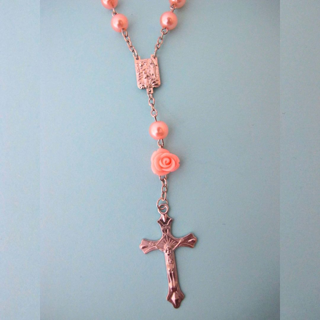 Tiny Peach Car Rosary with Rose Beads and Crucifix