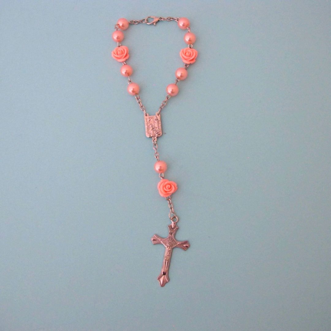 Tiny Peach Car Rosary with Rose Beads and Crucifix