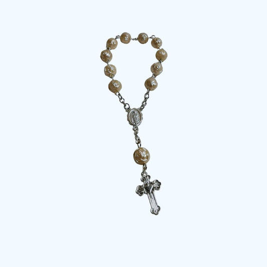 Tiny Pearl White Car Rosary with Rose Beads and Heart-Centred Cross