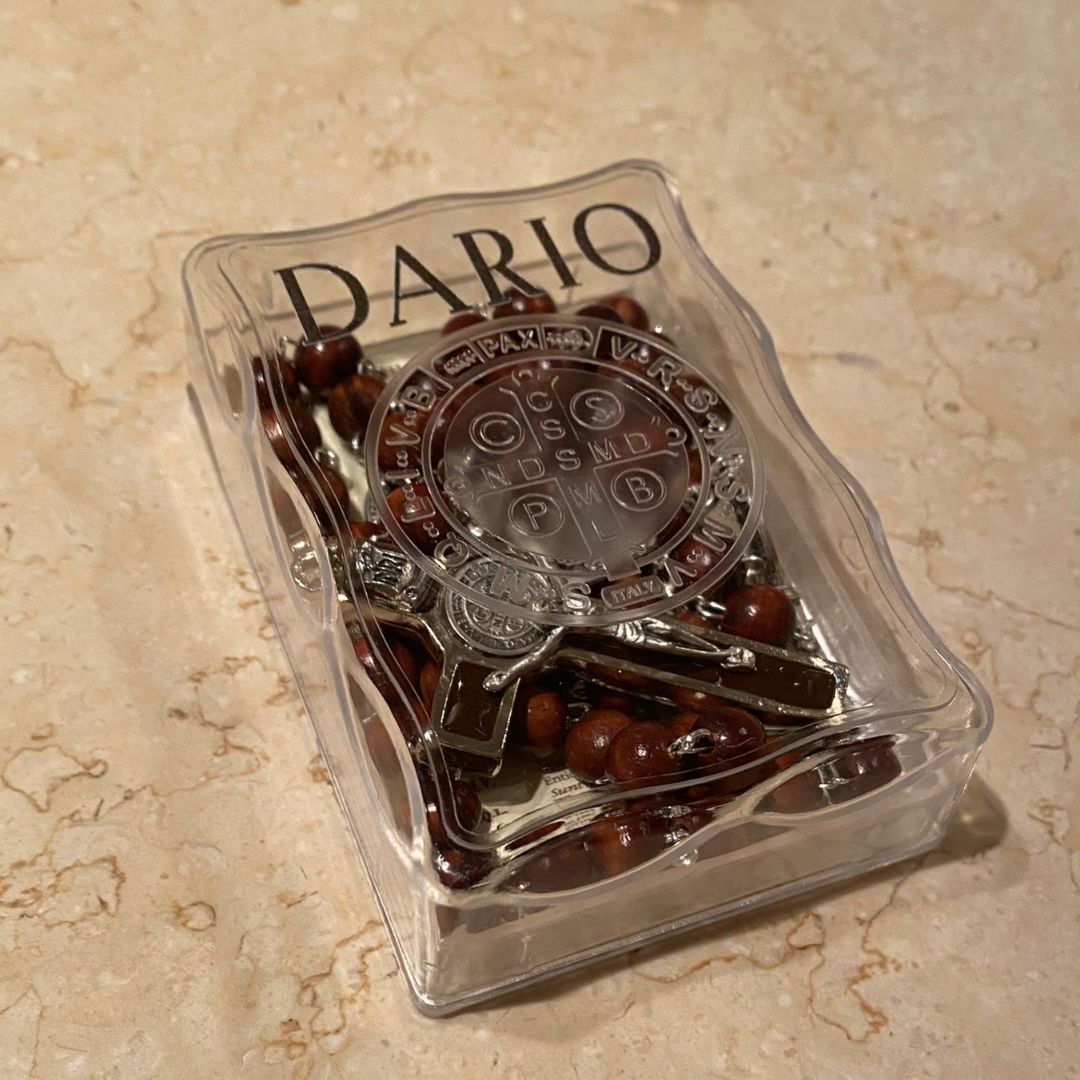 St Benedict Wooden Rosary in Embossed Perspex Box | Personalisation Available