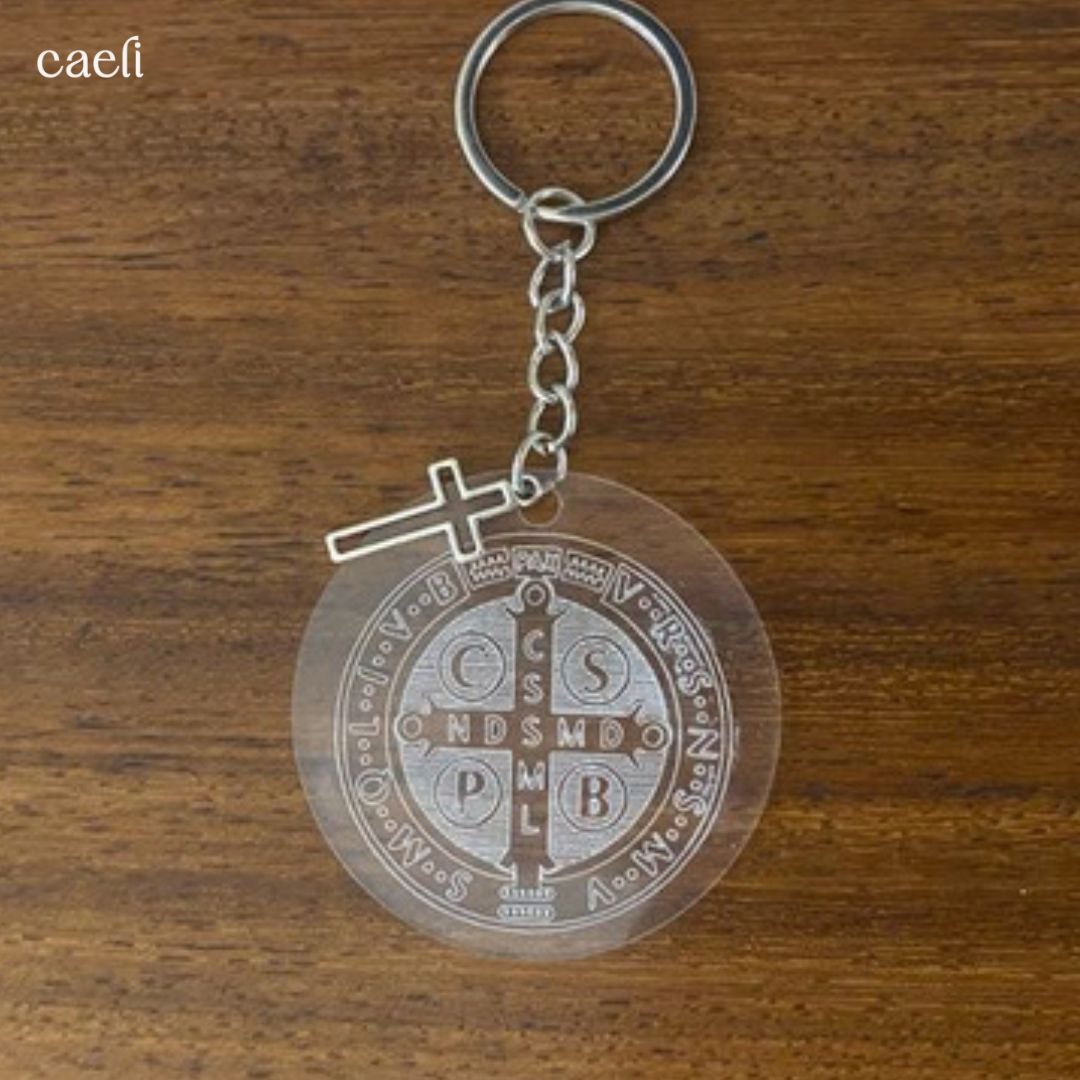 St. Benedict Medal Acrylic Keychain with Silver Cross Charm | Acrylic Keyring