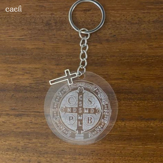St. Benedict Medal Acrylic Keychain with Silver Cross Charm | Acrylic Keyring