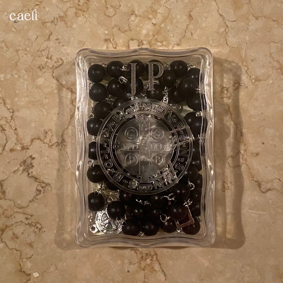 St Benedict Wooden Rosary in Embossed Perspex Box | Personalisation Available