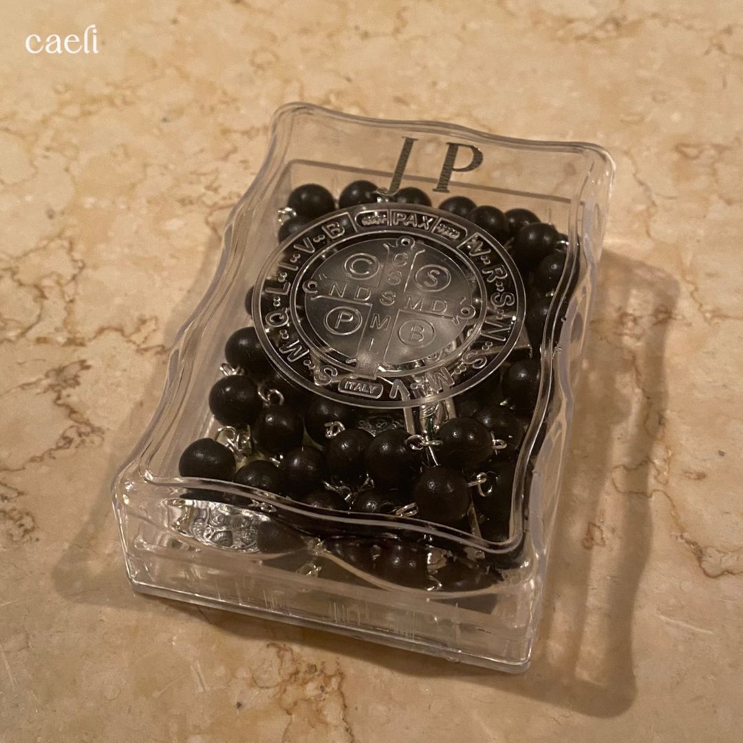 St Benedict Wooden Rosary in Embossed Perspex Box | Personalisation Available