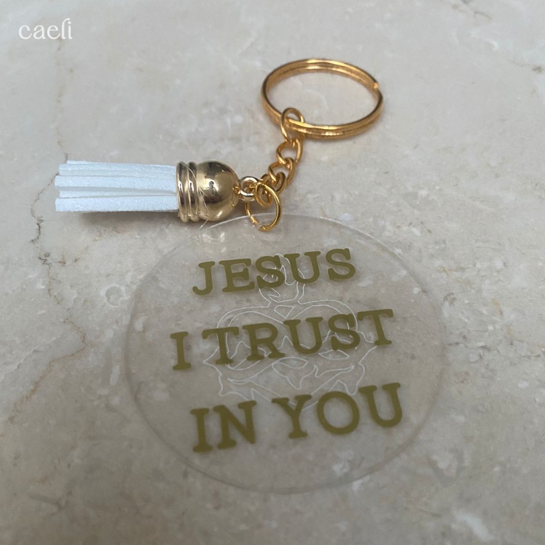 "Jesus, I Trust in You" Acrylic Keyring – Silver or Gold Text with Sacred Heart Engraving