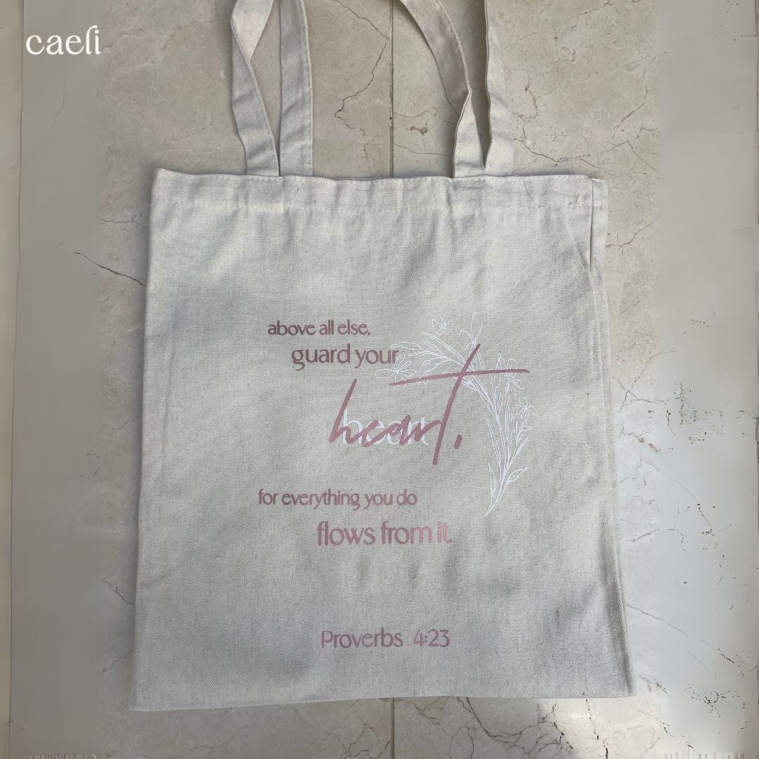 Beige Christian Tote Bag with Proverbs 4:23 Quote | Faith-Inspired Bag for Everyday Use