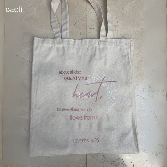 Beige Christian Tote Bag with Proverbs 4:23 Quote | Faith-Inspired Bag for Everyday Use