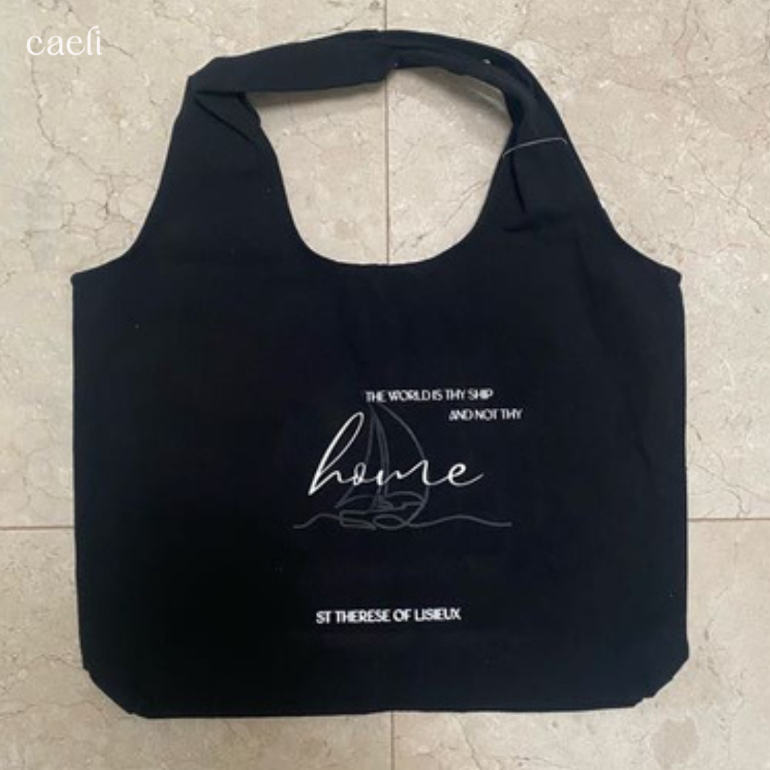 Black Christian Tote Bag with Saint Thérèse of Lisieux Quote | Inspiring Faith Bag for Daily Use