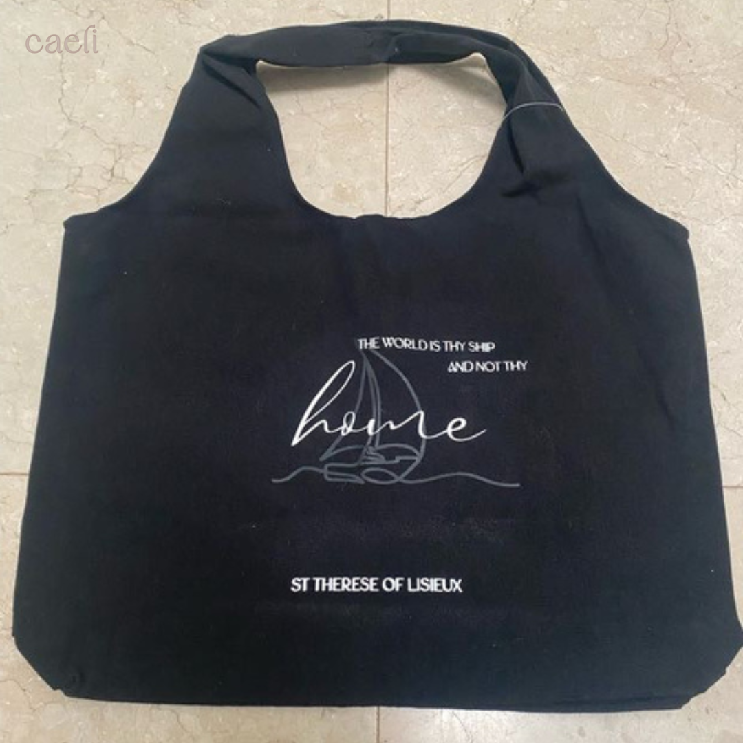 Black Christian Tote Bag with Saint Thérèse of Lisieux Quote | Inspiring Faith Bag for Daily Use