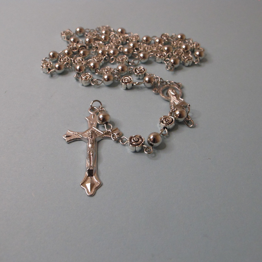 Silver Rosary and Rosary Bracelet Set with Rose and Plain Beads