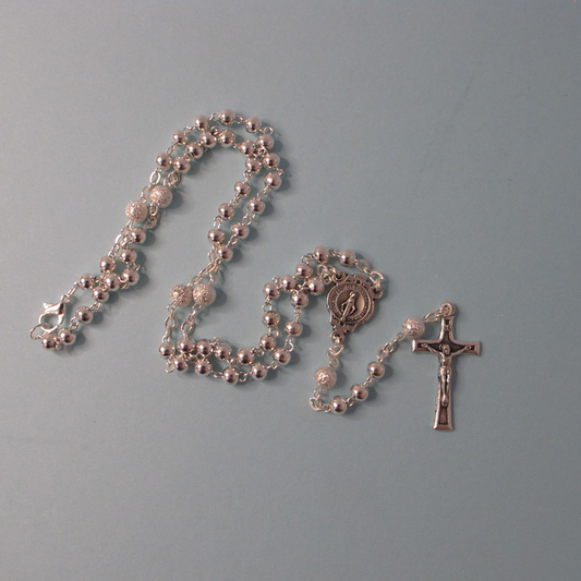 Rosary Necklace – Silver Beads with Immaculate Conception Medal and Crucifix
