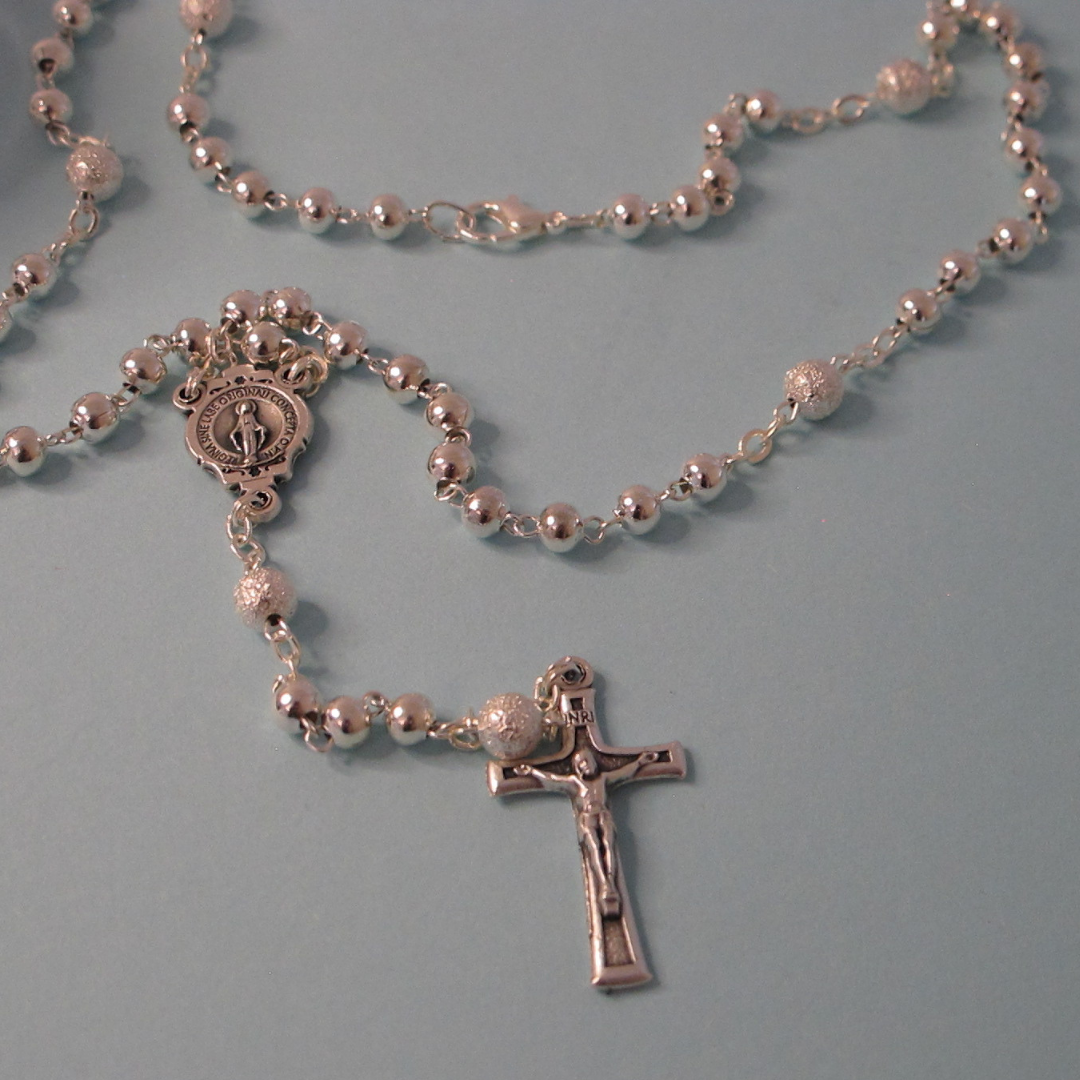 Rosary Necklace – Silver Beads with Immaculate Conception Medal and Crucifix