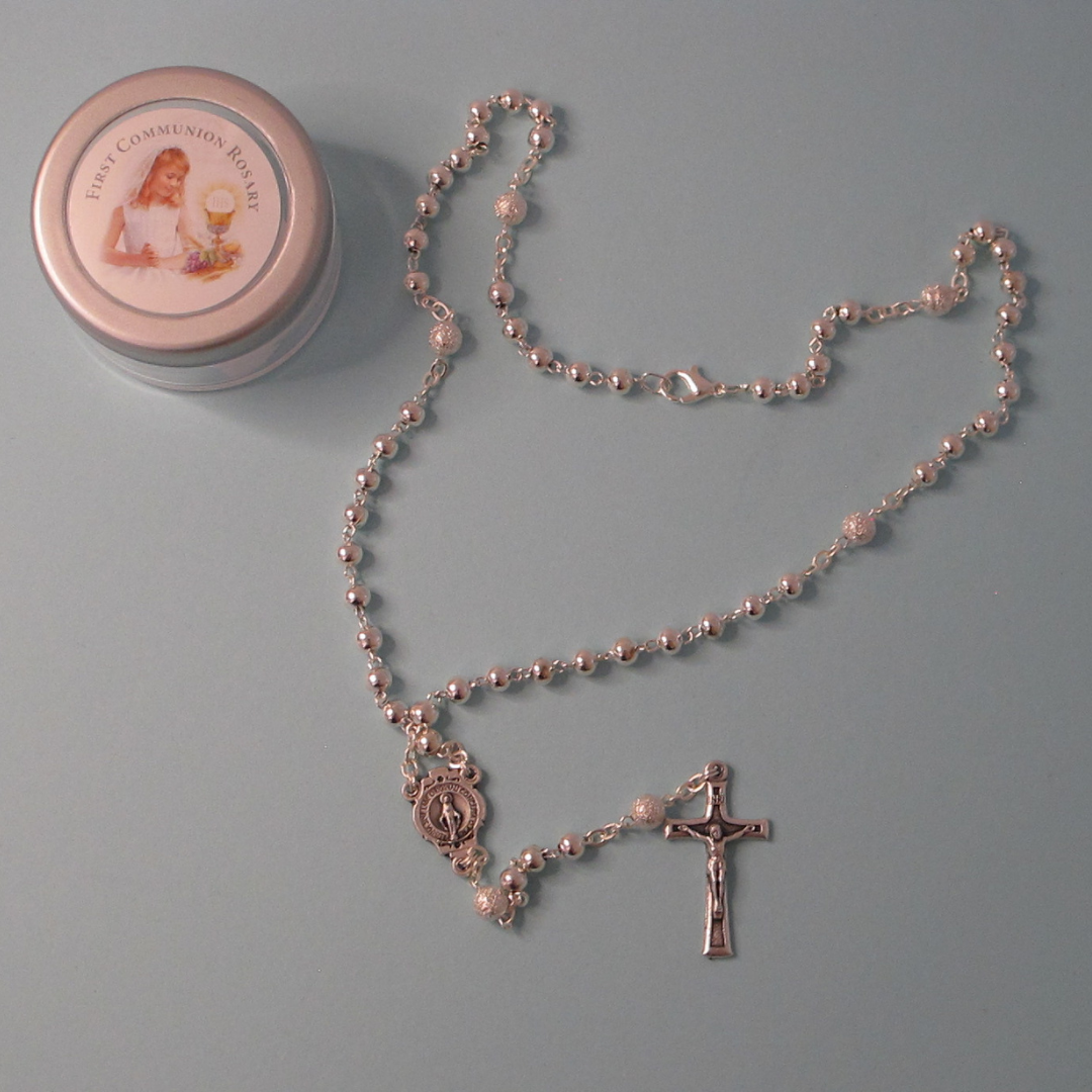 First Holy Communion Rosary Necklace – Silver Beads with Immaculate Conception Medal and Crucifix