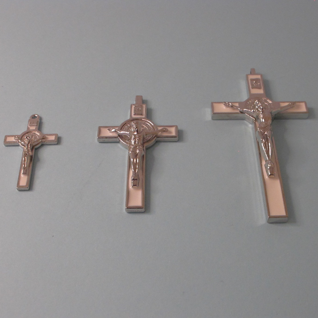 Cross of St Benedict - Silver and White Crucifix with Silver Body