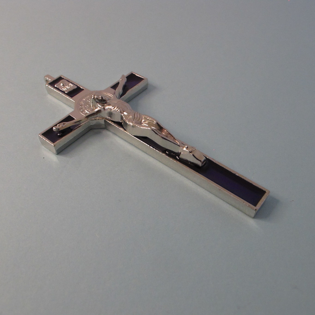 Cross of St Benedict - Silver and Purple Crucifix with Silver Body