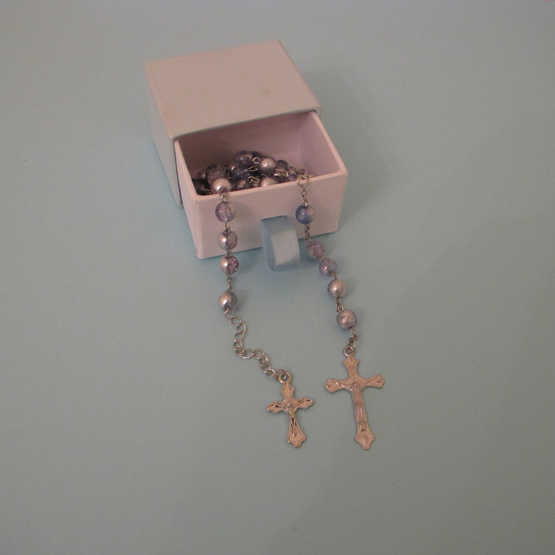 Rosary and Bracelet Set with Light Blue/Silver Bead