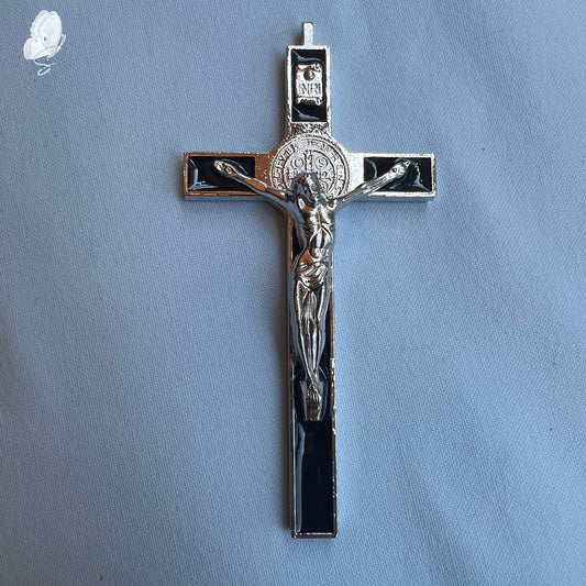 Cross of St Benedict - Silver and Black Crucifix with Silver Body