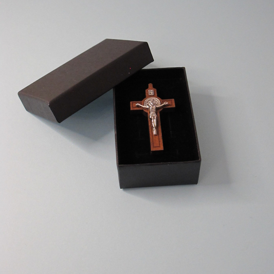 Cross of St Benedict - Wooden Crucifix with Silver Body in Gift Box