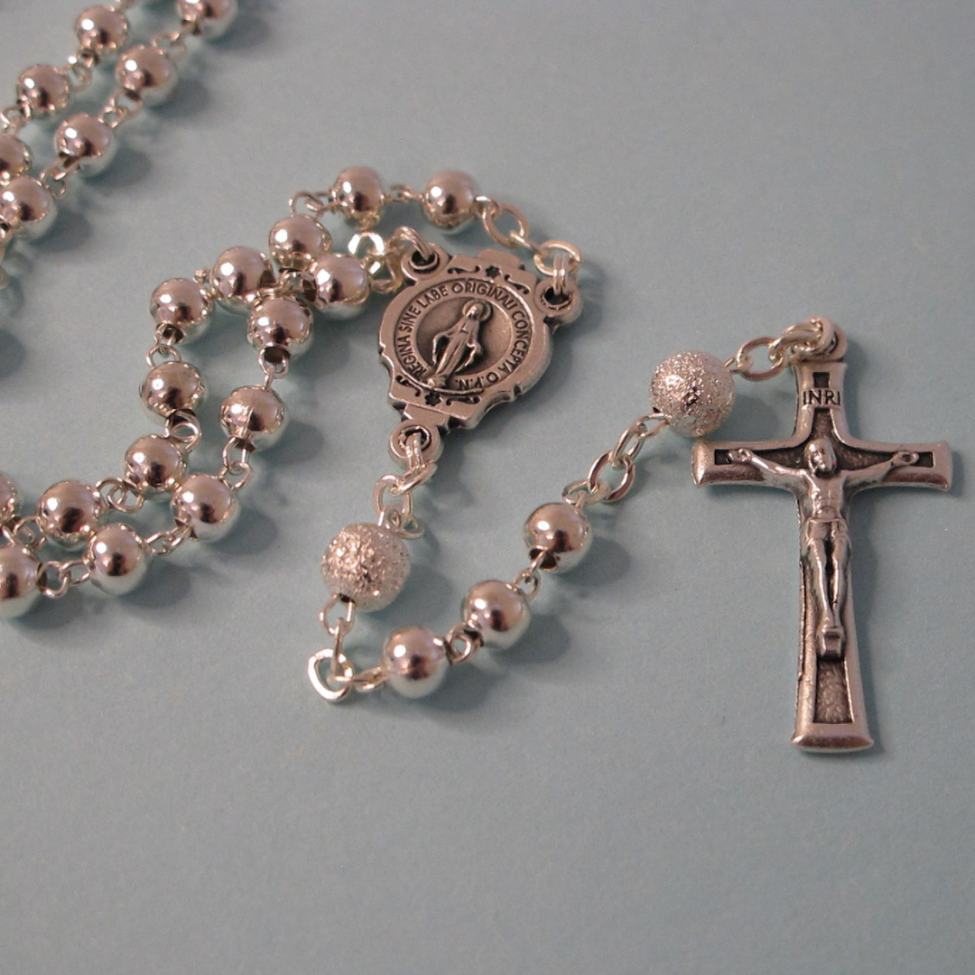 Rosary Necklace – Silver Beads with Immaculate Conception Medal and Crucifix