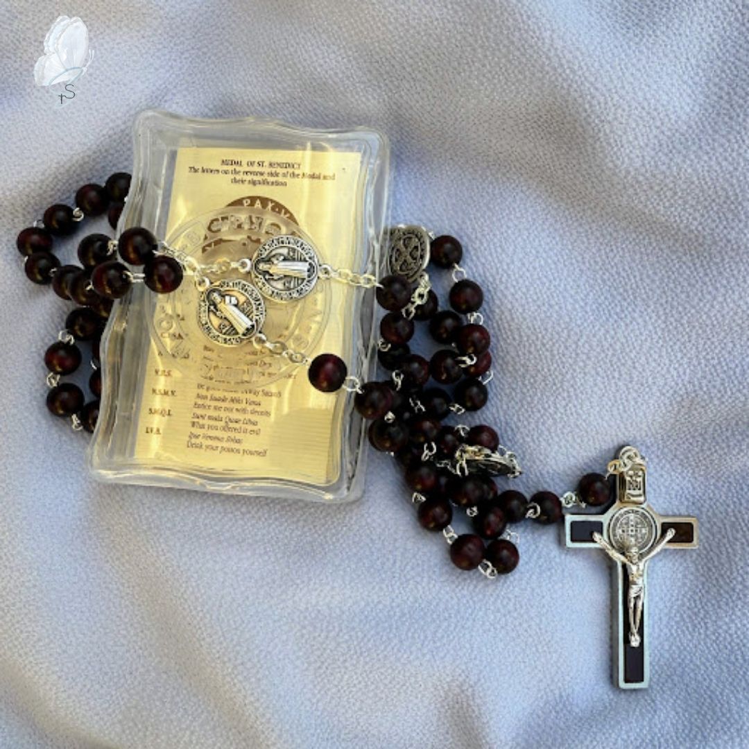 St Benedict Wooden Rosary in Embossed Perspex Box