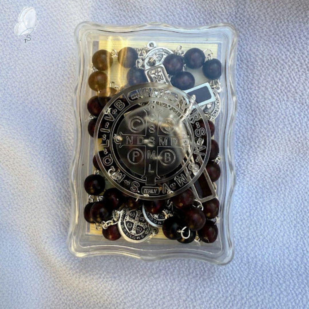 St Benedict Wooden Rosary in Embossed Perspex Box
