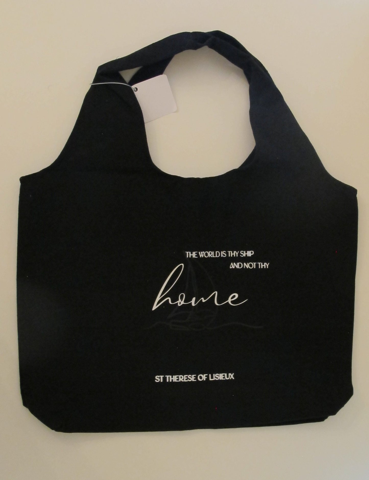 Black Christian Tote Bag with Saint Thérèse of Lisieux Quote | Inspiring Faith Bag for Daily Use