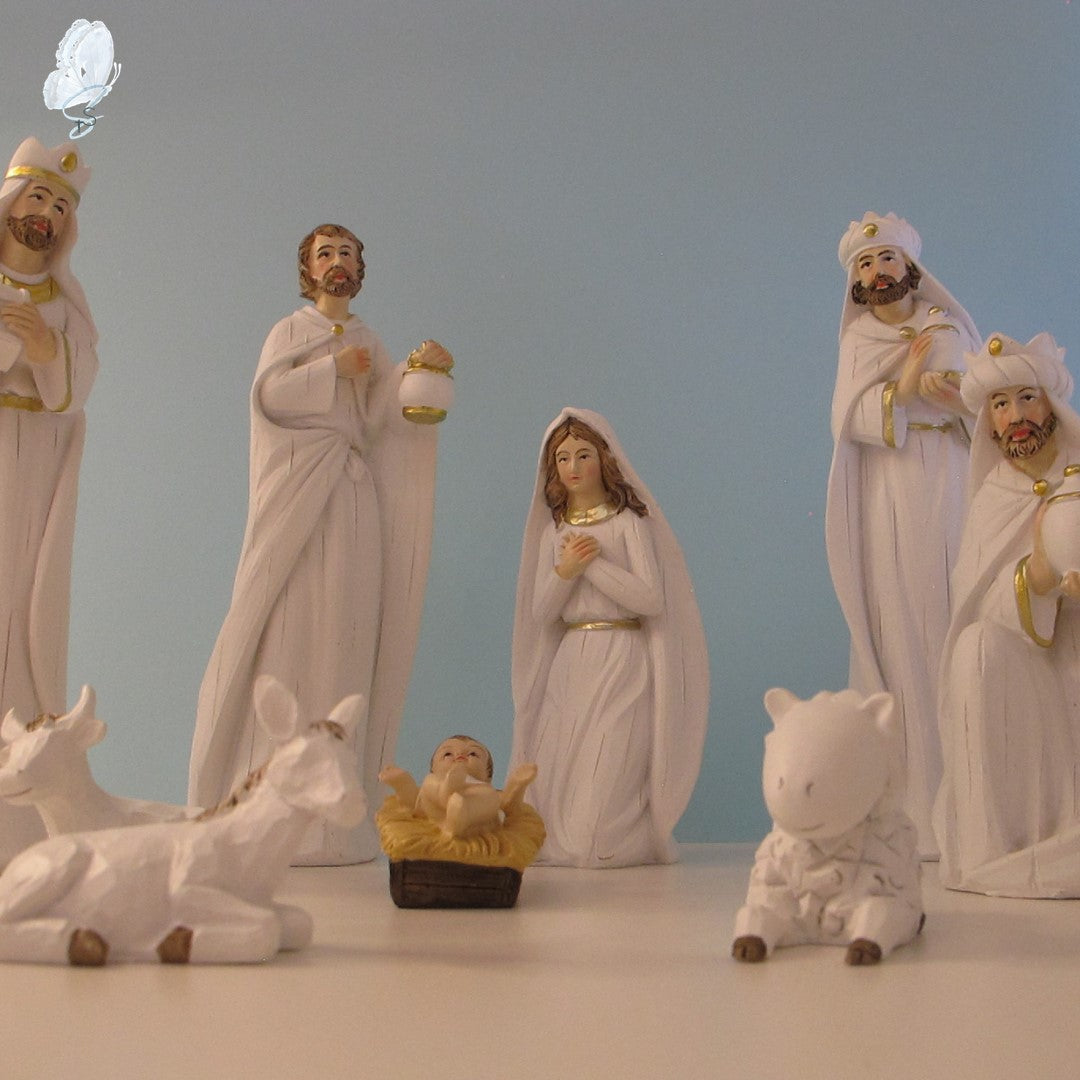 White and Gold Nativity Set – 9 Pieces - Christmas Decor