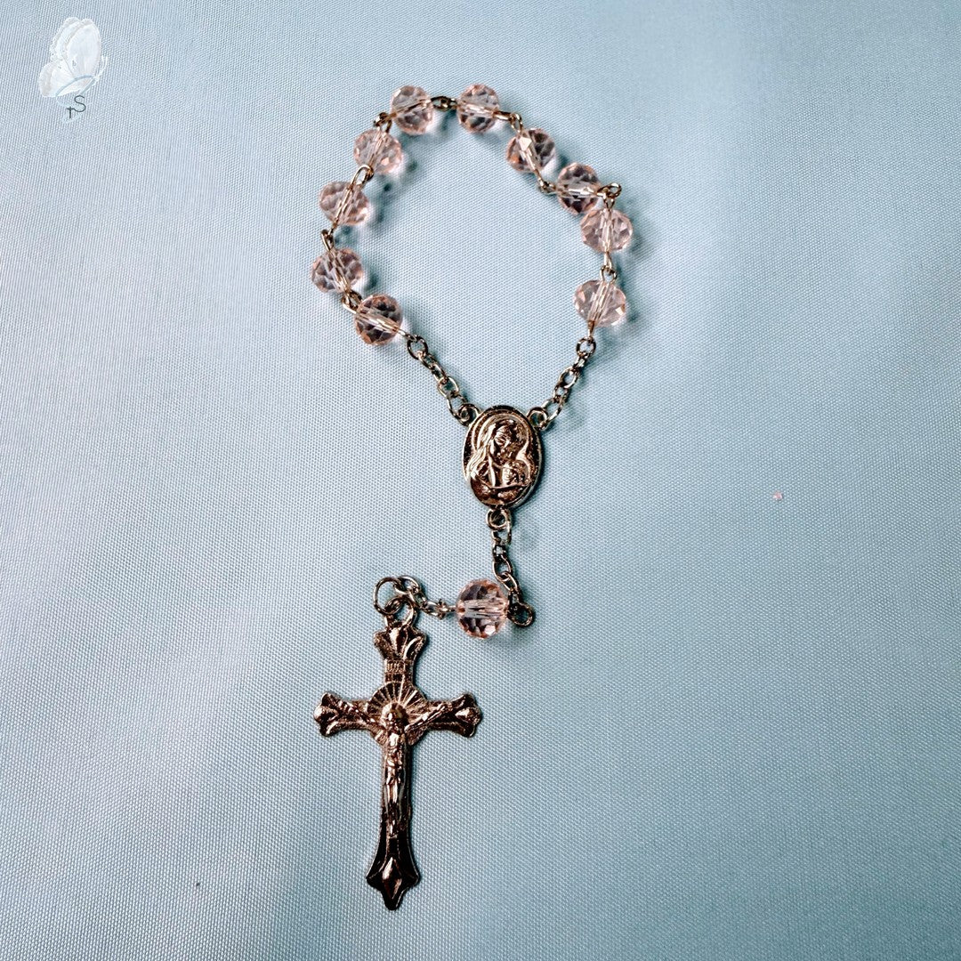 Our Lady Car Rosary | Soft Pink Crystal Beads