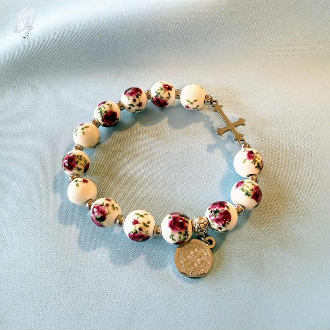 Stretch Rosary Bracelet | Floral Ceramic Beads