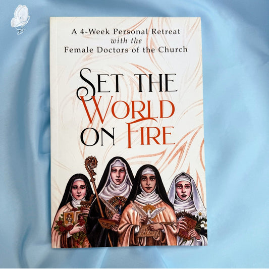 Book cover titled 'Set the World on Fire' featuring illustrations of women in religious attire against a light blue background.