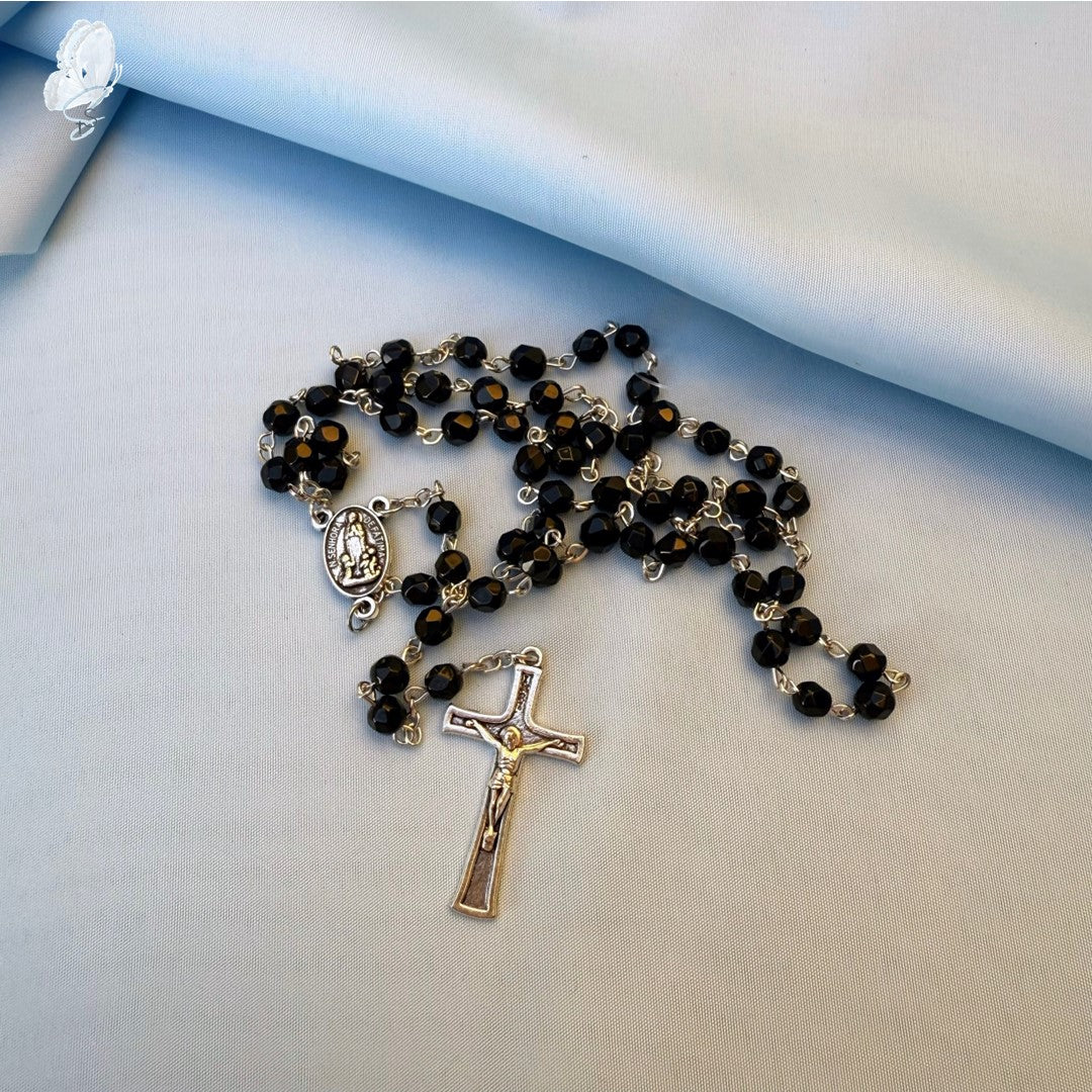 Portugal Drop: Fatima Rosary with Black Beads and Shepherd Children