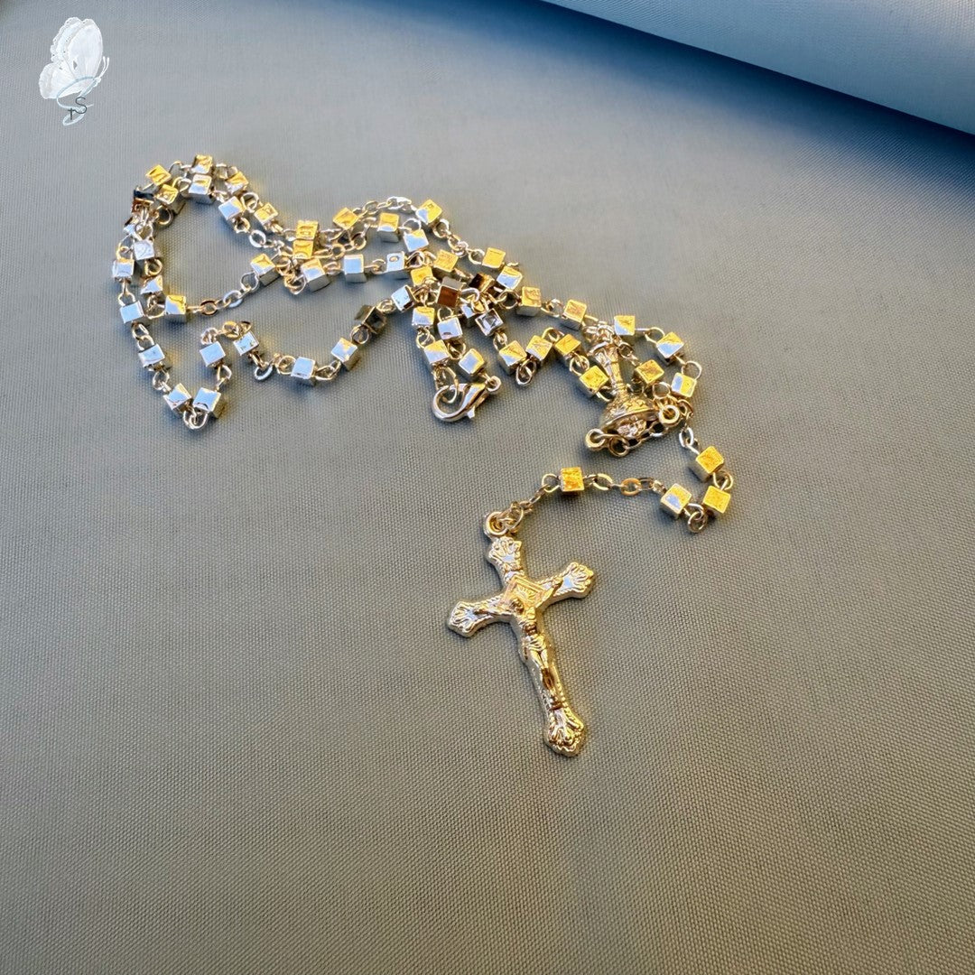 Portugal Drop: Rosary Necklace with Square Silver-Toned Beads