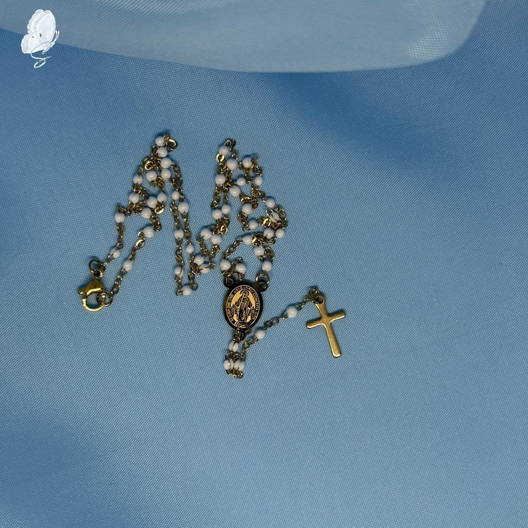 Portugal Drop: Faith Necklace – Gold Plated with White Beads and Miraculous Medal