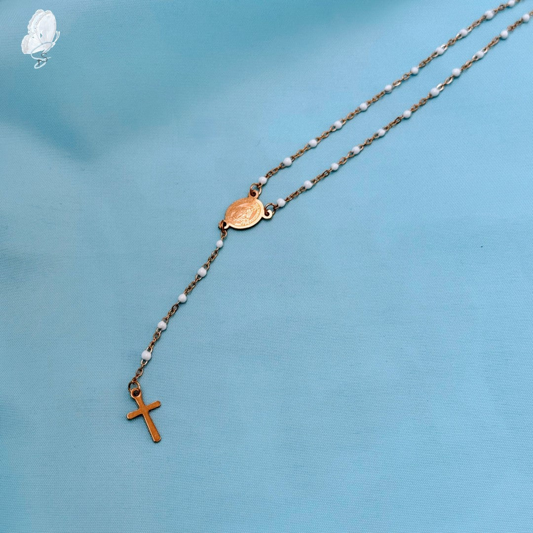 Portugal Drop: Faith Necklace – Gold Plated with White Beads and Miraculous Medal