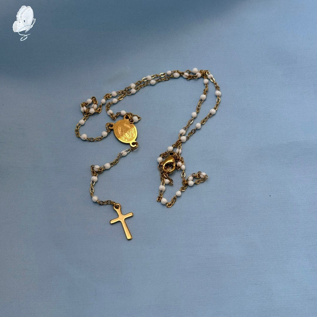 Portugal Drop: Faith Necklace – Gold Plated with White Beads and Miraculous Medal