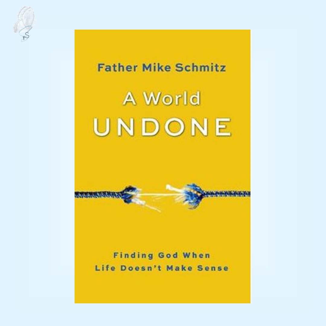 This image features the cover of a book titled "A World Undone - Finding God When Life Doesn't Make Sense" by Father Mike Schmitz. The cover design is striking with its vibrant yellow background and a central image of a coiled blue rope that adds a dynamic visual element.