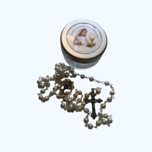 First Holy Communion Rosary – Silver Filigree Beads with Chalice and Crucifix