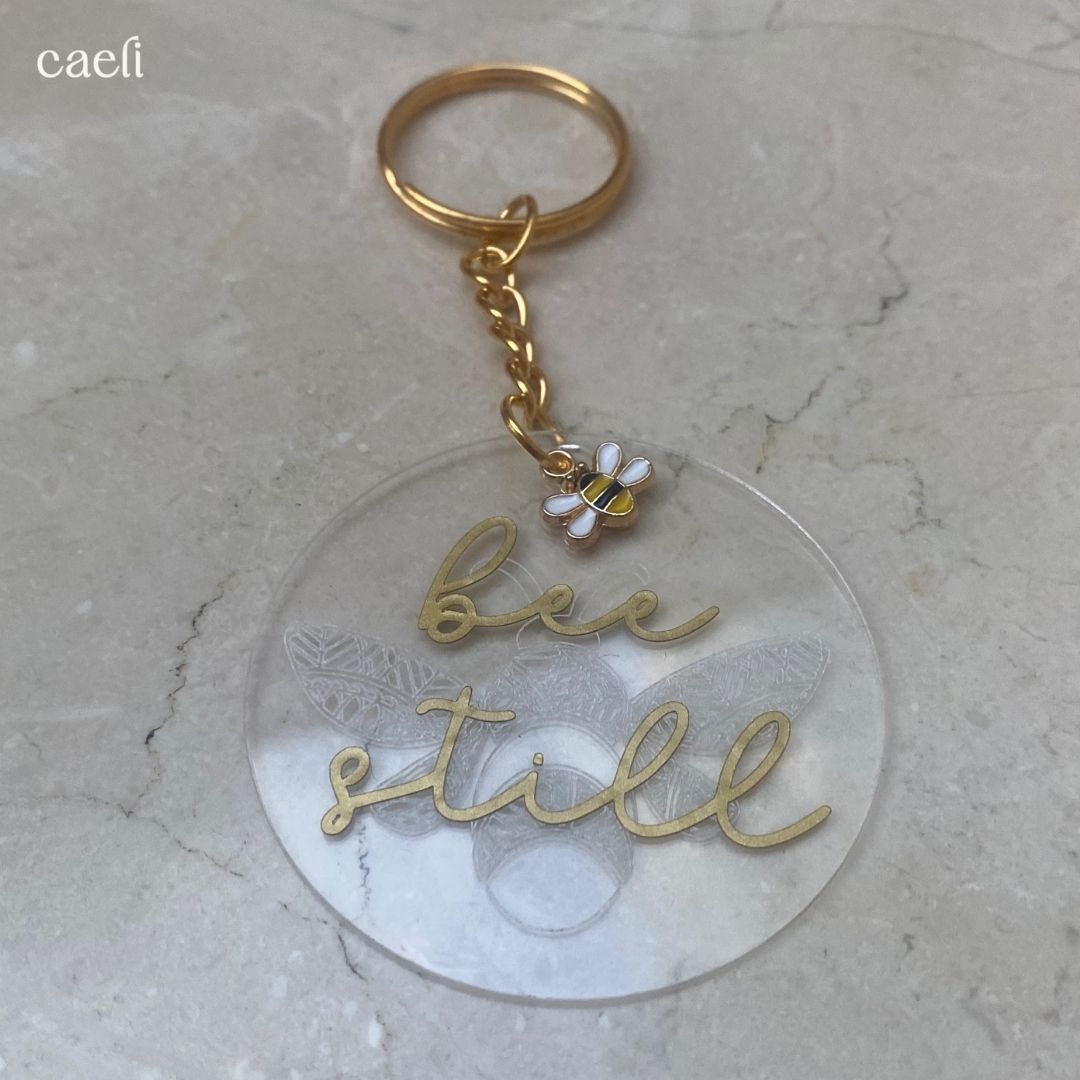 Busy Bee Collection | Bee Still Acrylic Key Ring | Christian Acrylic Keychain