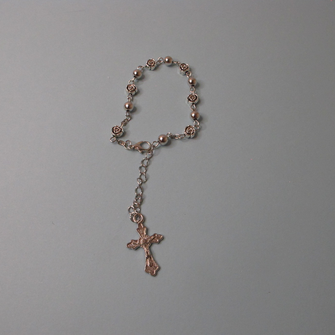 Silver Rosary and Rosary Bracelet Set with Rose and Plain Beads