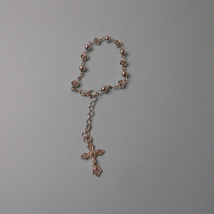 Silver Rosary and Rosary Bracelet Set with Rose and Plain Beads