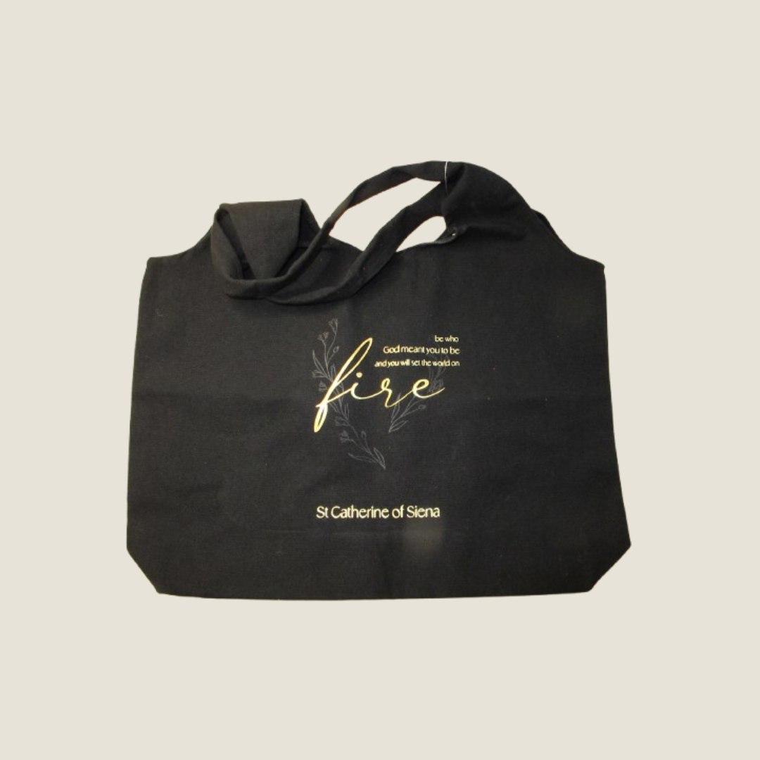 Black Christian Tote Bag with Saint Catherine of Siena Quote | Inspiring Faith Bag for Everyday Use