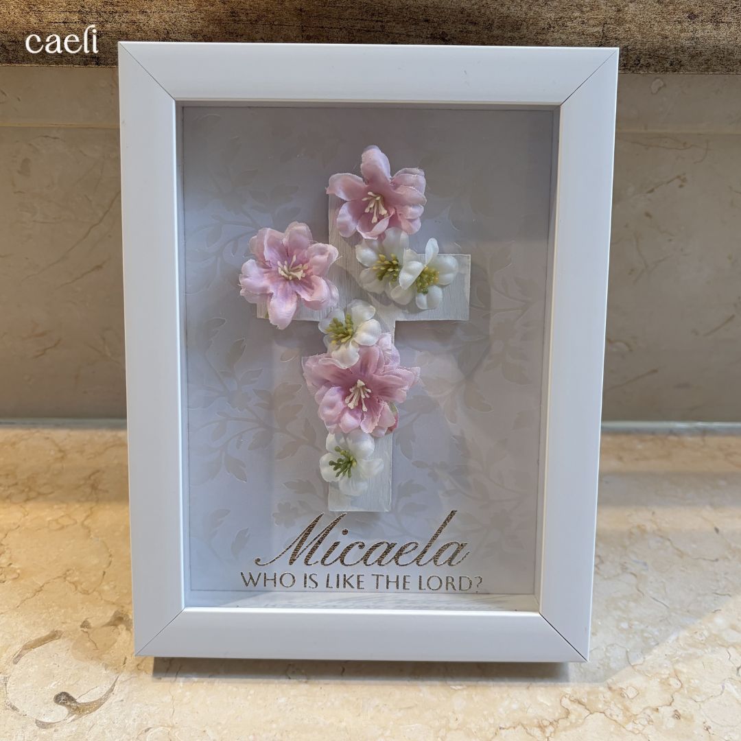 Custom Name Frame | Little Girls Room Decor | Floral Cross with Name and Name Meaning | Custom Name Meaning Baptism Gift for Girls