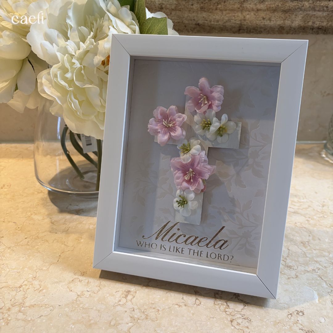 Custom Name Frame | Little Girls Room Decor | Floral Cross with Name and Name Meaning | Custom Name Meaning Baptism Gift for Girls