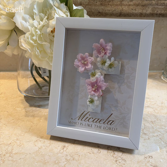 Custom Name Frame | Little Girls Room Decor | Floral Cross with Name and Name Meaning | Custom Name Meaning Baptism Gift for Girls