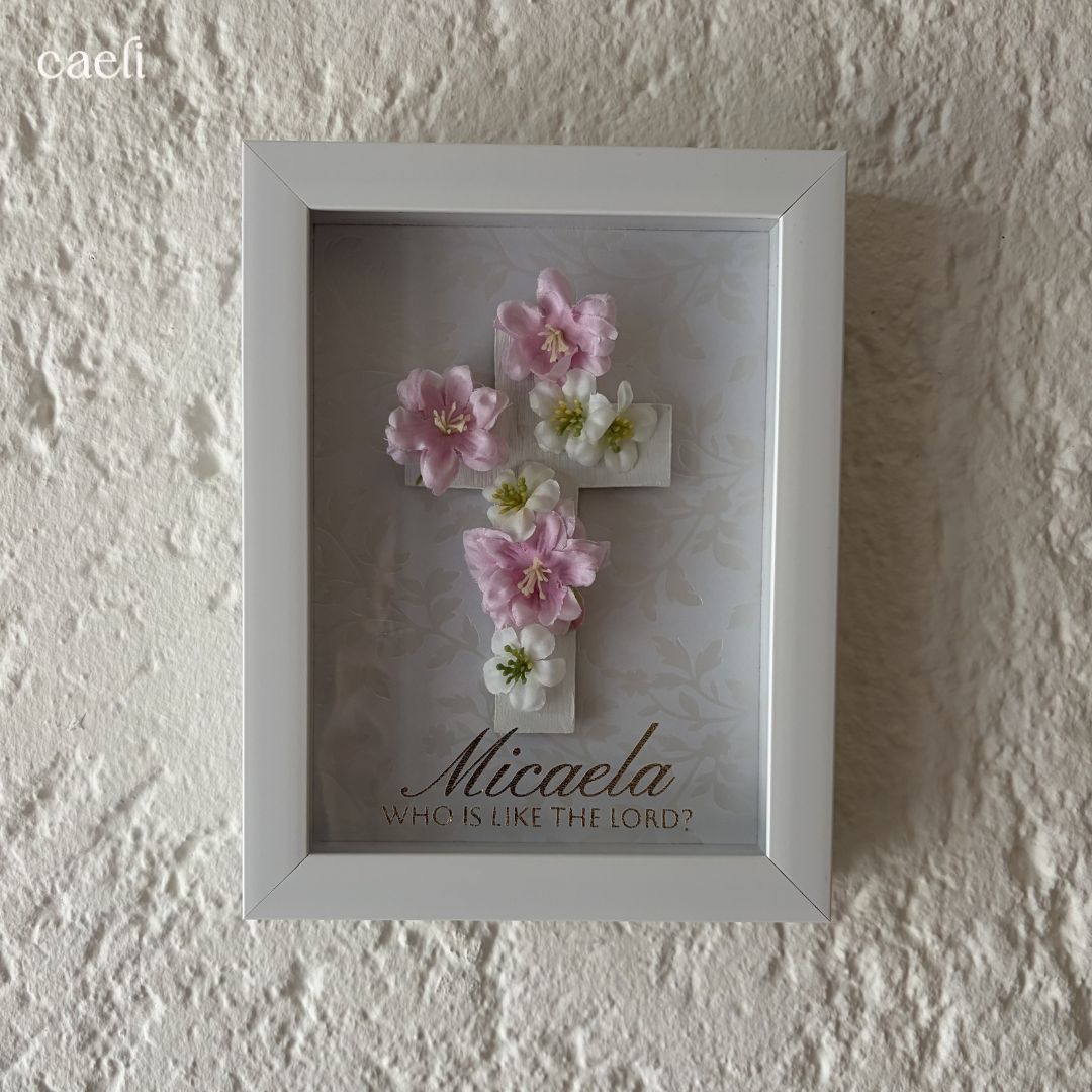 Custom Name Frame | Little Girls Room Decor | Floral Cross with Name and Name Meaning | Custom Name Meaning Baptism Gift for Girls