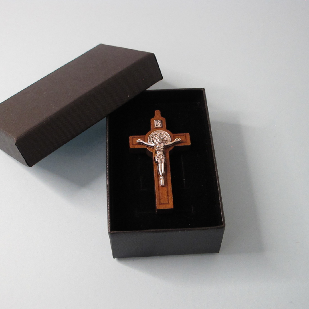 Cross of St Benedict - Wooden Crucifix with Silver Body in Gift Box