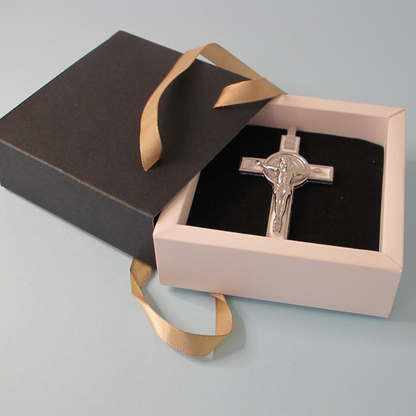 Cross of St Benedict - Silver and White Crucifix with Silver Body with Gift Box