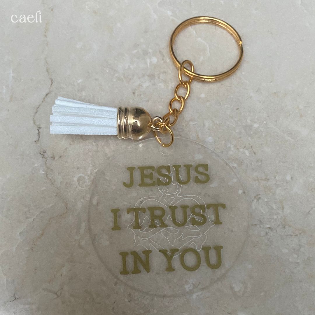 "Jesus, I Trust in You" Acrylic Keyring – Silver or Gold Text with Sacred Heart Engraving