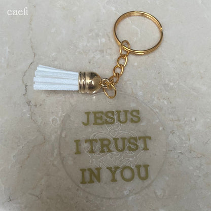 "Jesus, I Trust in You" Acrylic Keyring – Silver or Gold Text with Sacred Heart Engraving