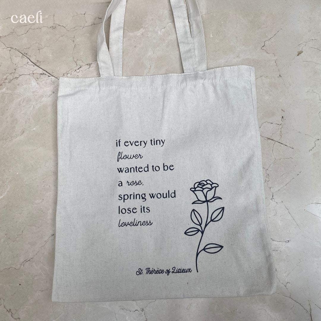 Beige Christian Tote Bag with St Therese of Lisieux Quote | Faith-Inspired Bag for Everyday Use